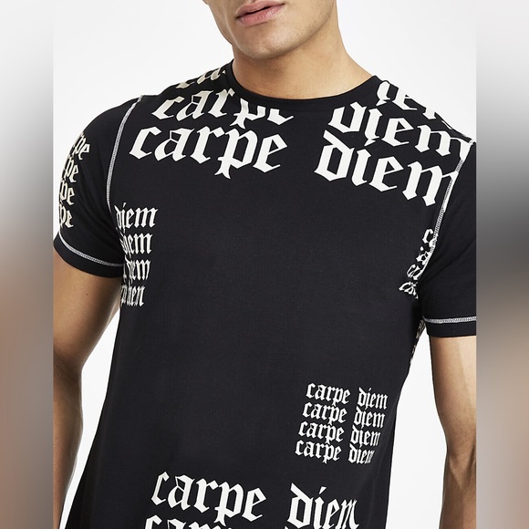 River Island Men's Black 'Carpe Diem' Slim Fit Short Sleeve T-Shirt - Picture 2 of 5